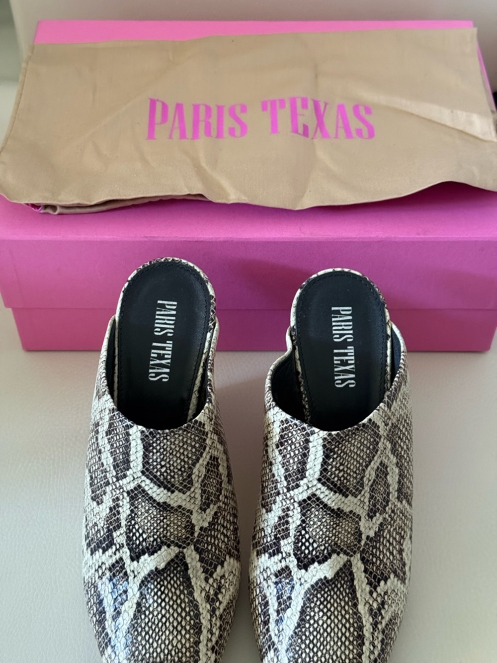 Paris Texas Snake-Print Slip-On Mules in Ivory and Black - Picture 3 of 4
